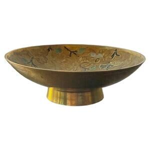 Brass Cloisonné Decorative Trinket Pedestal Dish/Bowl Birds Flowers Vtg 1970s